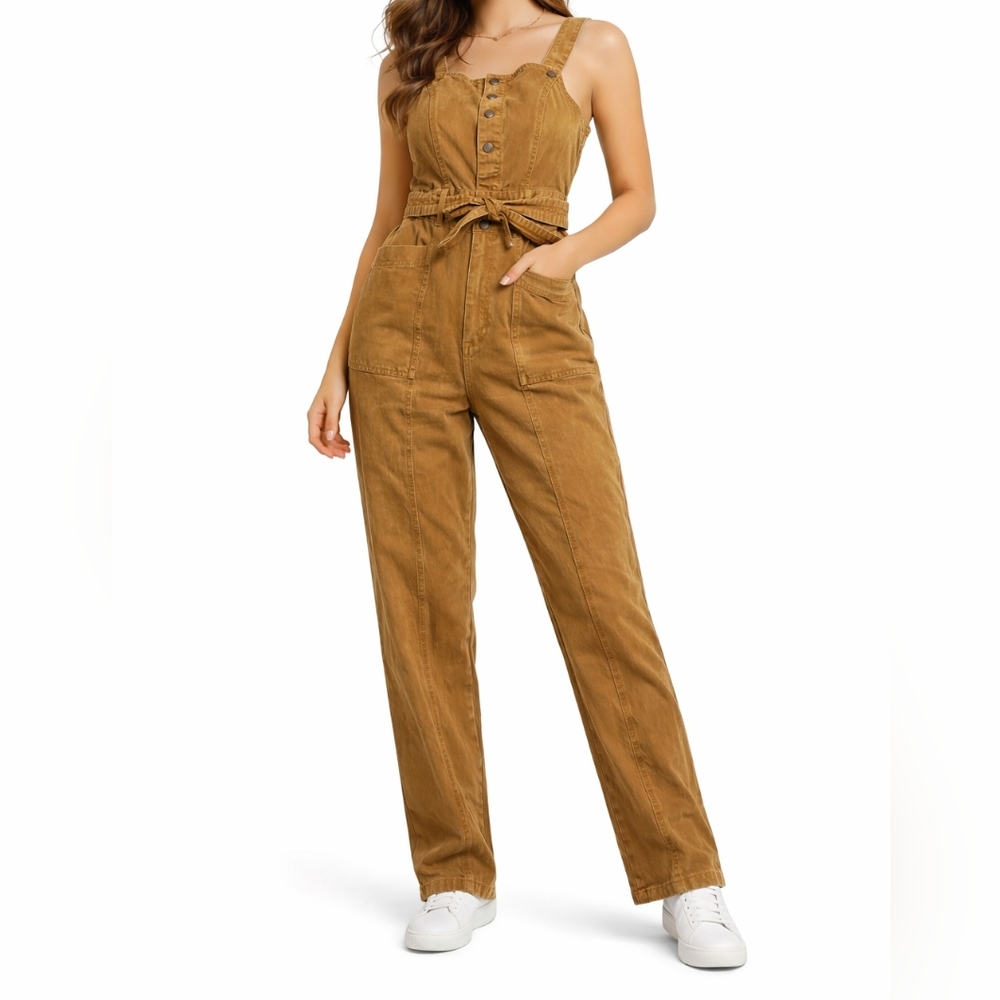 Women’s Brown Utility Jumpsuit Sleeveless Belted Wide Leg